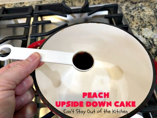 Peach Upside Down Cake | Can't Stay Out of the Kitchen | this spectacular #peach #cake is absolutely divine! It's festive, beautiful and so scrumptious you won't want to stop eating it! It has a luscious homemade #caramel sauce that's heavenly. Terrific for #holidays & company dinners. #peachdessert #upsidedowncake #CANbassador #WashingtonStateFruitCommission #WashingtonStateStoneFruitGrowers