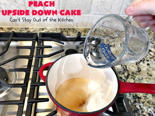 Peach Upside Down Cake | Can't Stay Out of the Kitchen | this spectacular #peach #cake is absolutely divine! It's festive, beautiful and so scrumptious you won't want to stop eating it! It has a luscious homemade #caramel sauce that's heavenly. Terrific for #holidays & company dinners. #peachdessert #upsidedowncake #CANbassador #WashingtonStateFruitCommission #WashingtonStateStoneFruitGrowers