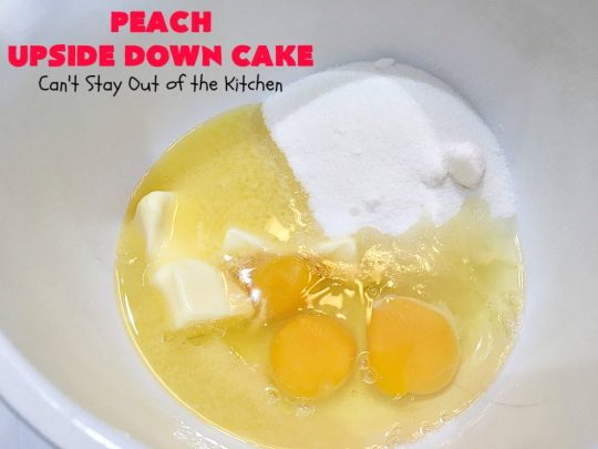 Peach Upside Down Cake | Can't Stay Out of the Kitchen | this spectacular #peach #cake is absolutely divine! It's festive, beautiful and so scrumptious you won't want to stop eating it! It has a luscious homemade #caramel sauce that's heavenly. Terrific for #holidays & company dinners. #peachdessert #upsidedowncake #CANbassador #WashingtonStateFruitCommission #WashingtonStateStoneFruitGrowers