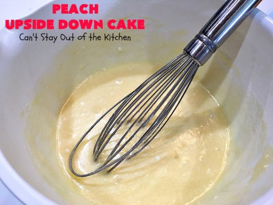 Peach Upside Down Cake | Can't Stay Out of the Kitchen | this spectacular #peach #cake is absolutely divine! It's festive, beautiful and so scrumptious you won't want to stop eating it! It has a luscious homemade #caramel sauce that's heavenly. Terrific for #holidays & company dinners. #peachdessert #upsidedowncake #CANbassador #WashingtonStateFruitCommission #WashingtonStateStoneFruitGrowers