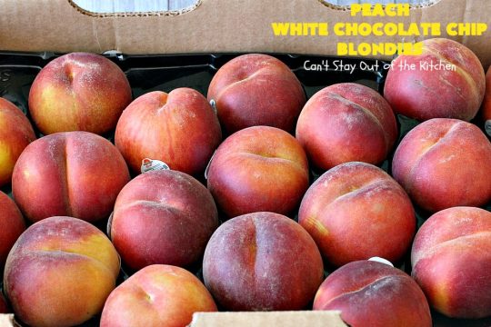 Peach White Chocolate Chip Blondies | Can't Stay Out of the Kitchen | you'll be drooling after the first bite of these amazing #cookies. They'e filled with fresh #peaches & white #chocolate chips for heavenly flavor. #dessert #peachdessert #CANbassador #WashingtonStateFruitCommission #WashingtonStateStoneFruitGrowers
