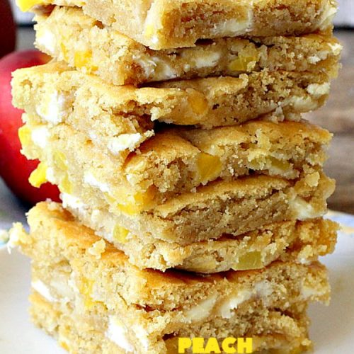 Peach White Chocolate Chip Blondies | Can't Stay Out of the Kitchen | you'll be drooling after the first bite of these amazing #cookies. They'e filled with fresh #peaches & white #chocolate chips for heavenly flavor. #dessert #peachdessert #CANbassador #WashingtonStateFruitCommission #WashingtonStateStoneFruitGrowers