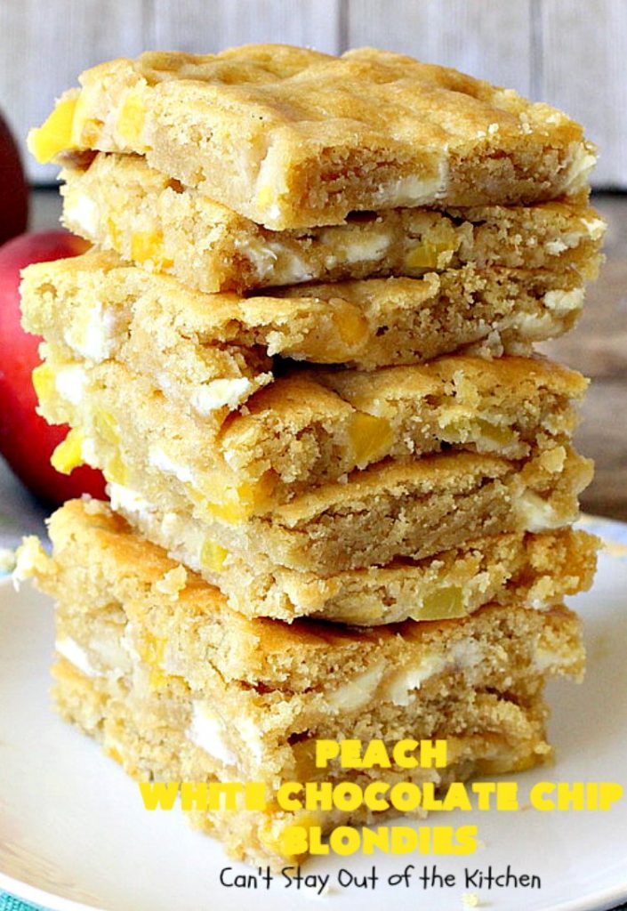 Peach White Chocolate Chip Blondies | Can't Stay Out of the Kitchen | you'll be drooling after the first bite of these amazing #cookies. They'e filled with fresh #peaches & white #chocolate chips for heavenly flavor. #dessert #peachdessert #CANbassador #WashingtonStateFruitCommission #WashingtonStateStoneFruitGrowers