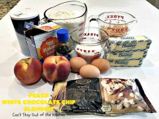 Peach White Chocolate Chip Blondies | Can't Stay Out of the Kitchen | you'll be drooling after the first bite of these amazing #cookies. They'e filled with fresh #peaches & white #chocolate chips for heavenly flavor. #dessert #peachdessert #CANbassador #WashingtonStateFruitCommission #WashingtonStateStoneFruitGrowers