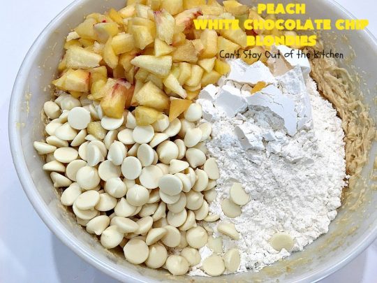 Peach White Chocolate Chip Blondies | Can't Stay Out of the Kitchen | you'll be drooling after the first bite of these amazing #cookies. They'e filled with fresh #peaches & white #chocolate chips for heavenly flavor. #dessert #peachdessert #CANbassador #WashingtonStateFruitCommission #WashingtonStateStoneFruitGrowers