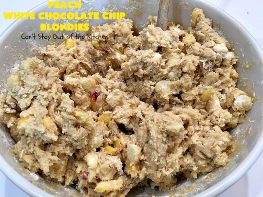 Peach White Chocolate Chip Blondies | Can't Stay Out of the Kitchen | you'll be drooling after the first bite of these amazing #cookies. They'e filled with fresh #peaches & white #chocolate chips for heavenly flavor. #dessert #peachdessert #CANbassador #WashingtonStateFruitCommission #WashingtonStateStoneFruitGrowers
