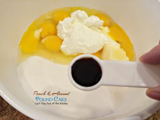 Peach & Almond Pound Cake | Can't Stay Out of the Kitchen | This fabulous #cake is filled with #peaches and #almonds and is so wonderful you'll have a hard time stopping at one slice! #dessert
