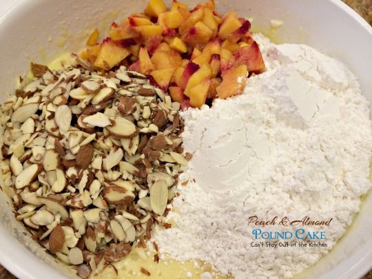 Peach & Almond Pound Cake | Can't Stay Out of the Kitchen | This fabulous #cake is filled with #peaches and #almonds and is so wonderful you'll have a hard time stopping at one slice! #dessert