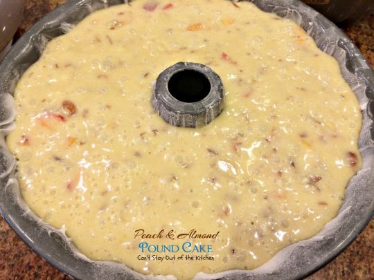 Peach & Almond Pound Cake | Can't Stay Out of the Kitchen | This fabulous #cake is filled with #peaches and #almonds and is so wonderful you'll have a hard time stopping at one slice! #dessert