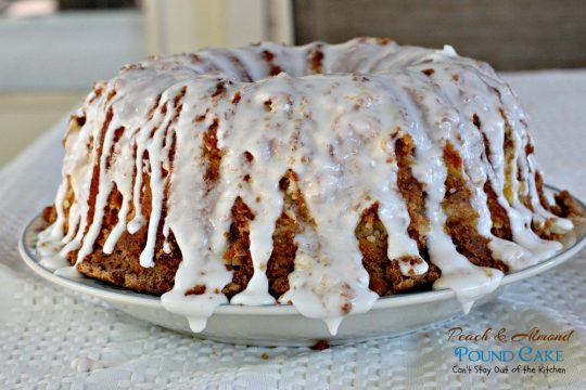 Peach & Almond Pound Cake | Can't Stay Out of the Kitchen | This fabulous #cake is filled with #peaches and #almonds and is so wonderful you'll have a hard time stopping at one slice! #dessert