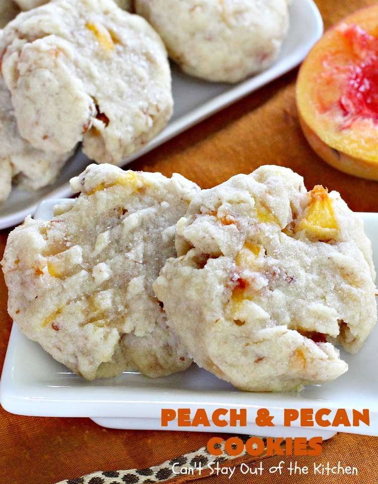 Peach and Pecan Cookies | Can't Stay Out of the Kitchen | this easy 6-ingredient #recipe is wonderful for summer #holiday fun, backyard barbecues or potlucks. These #cookies are totally scrumptious & a terrific way to use fresh #peaches when in season. #dessert #pecans #peachdessert