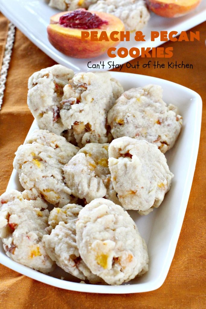 Peach and Pecan Cookies | Can't Stay Out of the Kitchen | this easy 6-ingredient #recipe is wonderful for summer #holiday fun, backyard barbecues or potlucks. These #cookies are totally scrumptious & a terrific way to use fresh #peaches when in season. #dessert #pecans #peachdessert