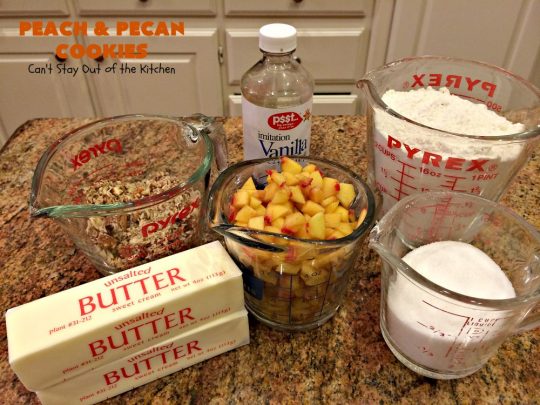 Peach and Pecan Cookies | Can't Stay Out of the Kitchen | this easy 6-ingredient #recipe is wonderful for summer #holiday fun, backyard barbecues or potlucks. These #cookies are totally scrumptious & a terrific way to use fresh #peaches when in season. #dessert #pecans #peachdessert