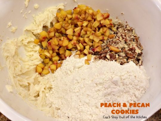Peach and Pecan Cookies | Can't Stay Out of the Kitchen | this easy 6-ingredient #recipe is wonderful for summer #holiday fun, backyard barbecues or potlucks. These #cookies are totally scrumptious & a terrific way to use fresh #peaches when in season. #dessert #pecans #peachdessert
