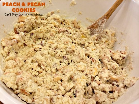 Peach and Pecan Cookies | Can't Stay Out of the Kitchen | this easy 6-ingredient #recipe is wonderful for summer #holiday fun, backyard barbecues or potlucks. These #cookies are totally scrumptious & a terrific way to use fresh #peaches when in season. #dessert #pecans #peachdessert