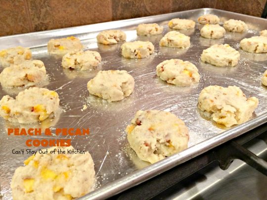 Peach and Pecan Cookies | Can't Stay Out of the Kitchen | this easy 6-ingredient #recipe is wonderful for summer #holiday fun, backyard barbecues or potlucks. These #cookies are totally scrumptious & a terrific way to use fresh #peaches when in season. #dessert #pecans #peachdessert