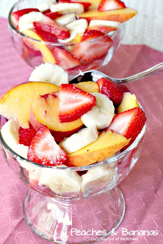 Peaches & Bananas | Can't Stay Out of the Kitchen | one of my favorite #fruit #salad recipes growing up. Simple, easy, delicious! #glutenfree #vegan #peaches