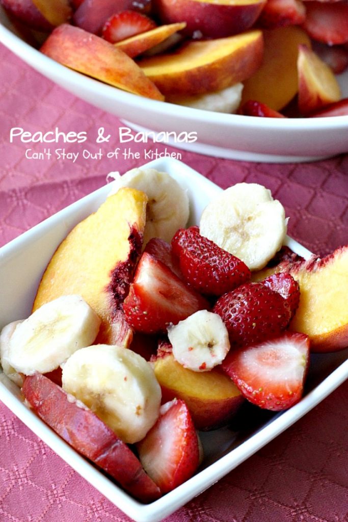Peaches & Bananas | Can't Stay Out of the Kitchen | one of my favorite #fruit #salad recipes growing up. Simple, easy, delicious! #glutenfree #vegan #peaches