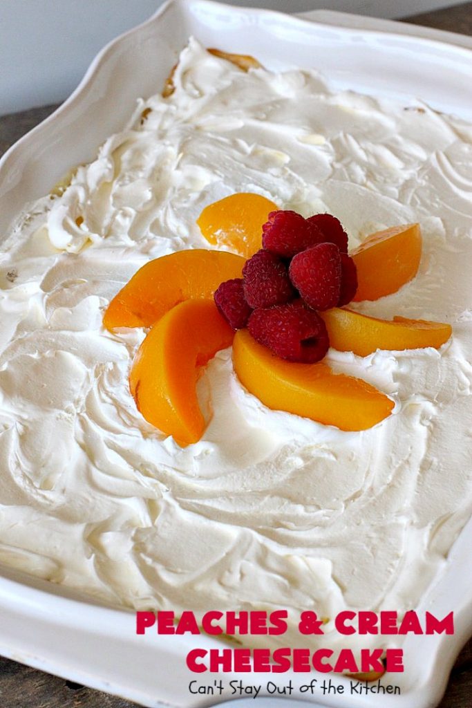 Peaches and Cream Cheesecake | Can't Stay Out of the Kitchen | this spectacular #dessert is perfect for special occasions, #holidays like #Easter & #MothersDay, & whenever you want to impress your company! #peaches #cheesecake