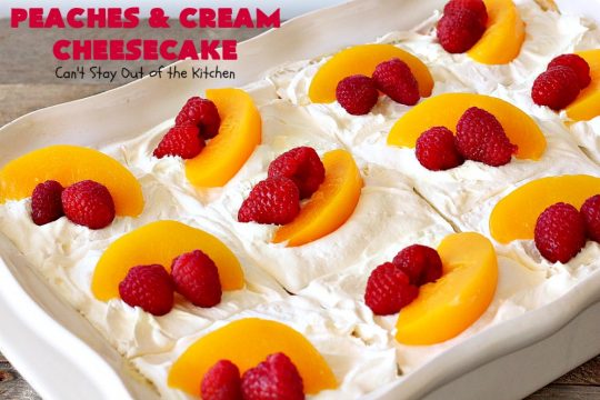 Peaches and Cream Cheesecake | Can't Stay Out of the Kitchen | this spectacular #dessert is perfect for special occasions, #holidays like #Easter & #MothersDay, & whenever you want to impress your company! #peaches #cheesecake