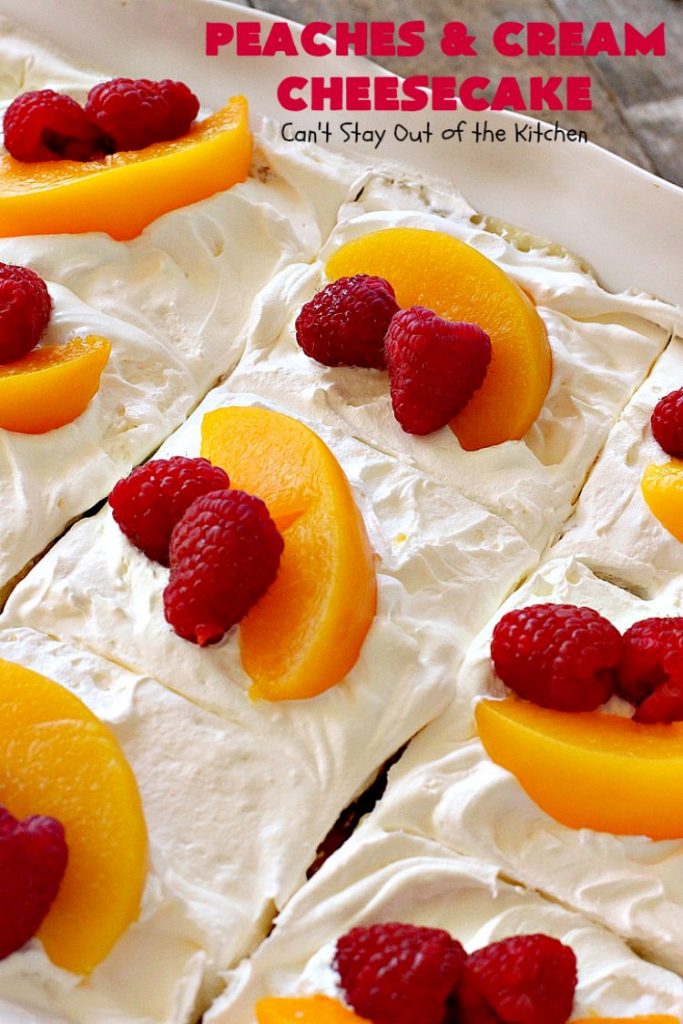 Peaches and Cream Cheesecake | Can't Stay Out of the Kitchen | this spectacular #dessert is perfect for special occasions, #holidays like #Easter & #MothersDay, & whenever you want to impress your company! #peaches #cheesecake
