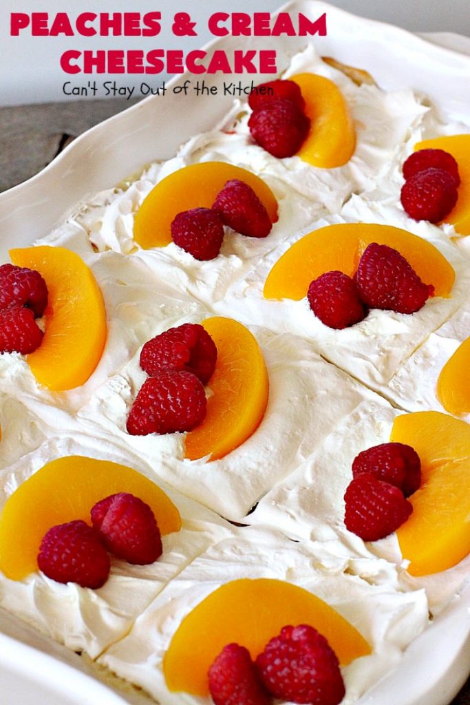 Peaches and Cream Cheesecake | Can't Stay Out of the Kitchen | this spectacular #dessert is perfect for special occasions, #holidays like #Easter & #MothersDay, & whenever you want to impress your company! #peaches #cheesecake