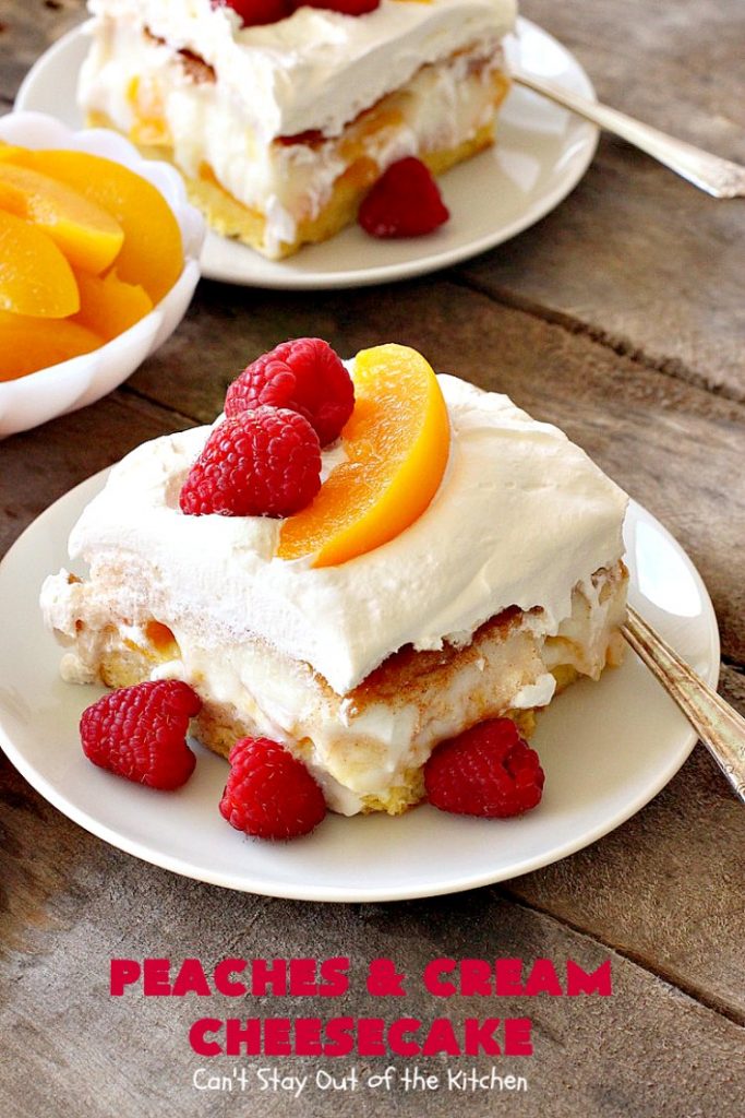 Peaches and Cream Cheesecake | Can't Stay Out of the Kitchen | this spectacular #dessert is perfect for special occasions, #holidays like #Easter & #MothersDay, & whenever you want to impress your company! #peaches #cheesecake