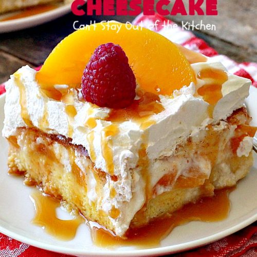 Peaches and Cream Cheesecake | Can't Stay Out of the Kitchen | this spectacular #dessert is perfect for special occasions, #holidays like #Easter & #MothersDay, & whenever you want to impress your company! #peaches #cheesecake