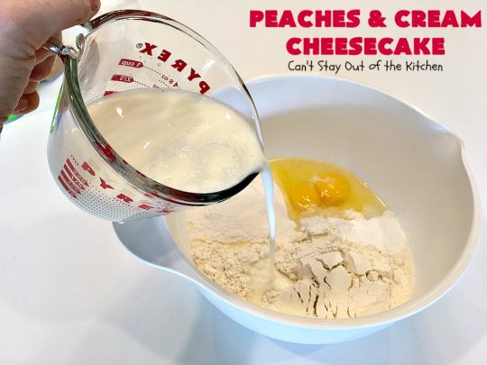 Peaches and Cream Cheesecake | Can't Stay Out of the Kitchen | this spectacular #dessert is perfect for special occasions, #holidays like #Easter & #MothersDay, & whenever you want to impress your company! #peaches #cheesecake