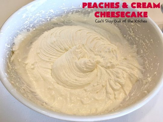 Peaches and Cream Cheesecake | Can't Stay Out of the Kitchen | this spectacular #dessert is perfect for special occasions, #holidays like #Easter & #MothersDay, & whenever you want to impress your company! #peaches #cheesecake
