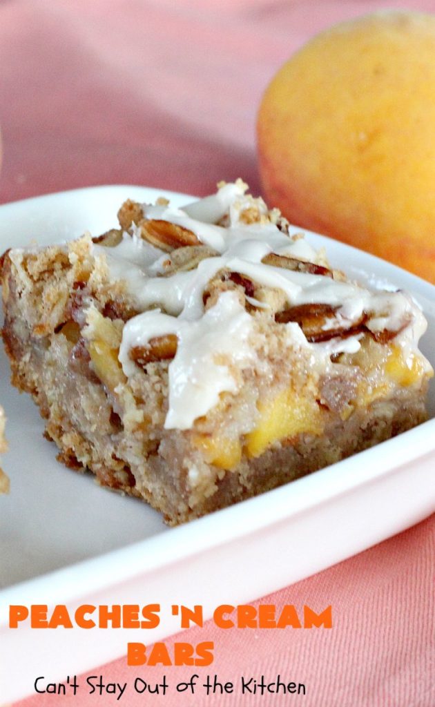 Peaches 'n Cream Bars | Can't Stay Out of the Kitchen | these fabulous #cookies have an #oatmeal #streusel crust, a #peach filling & they're glazed with vanilla icing. This is a terrific #dessert for summer #holidays like #FourthofJuly & #LaborDay when #peaches are in season. We loved them.