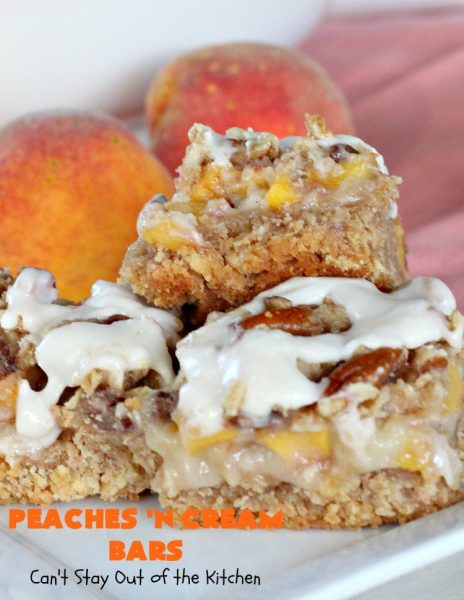 Peaches 'n Cream Bars | Can't Stay Out of the Kitchen | these fabulous #cookies have an #oatmeal #streusel crust, a #peach filling & they're glazed with vanilla icing. This is a terrific #dessert for summer #holidays like #FourthofJuly & #LaborDay when #peaches are in season. We loved them.
