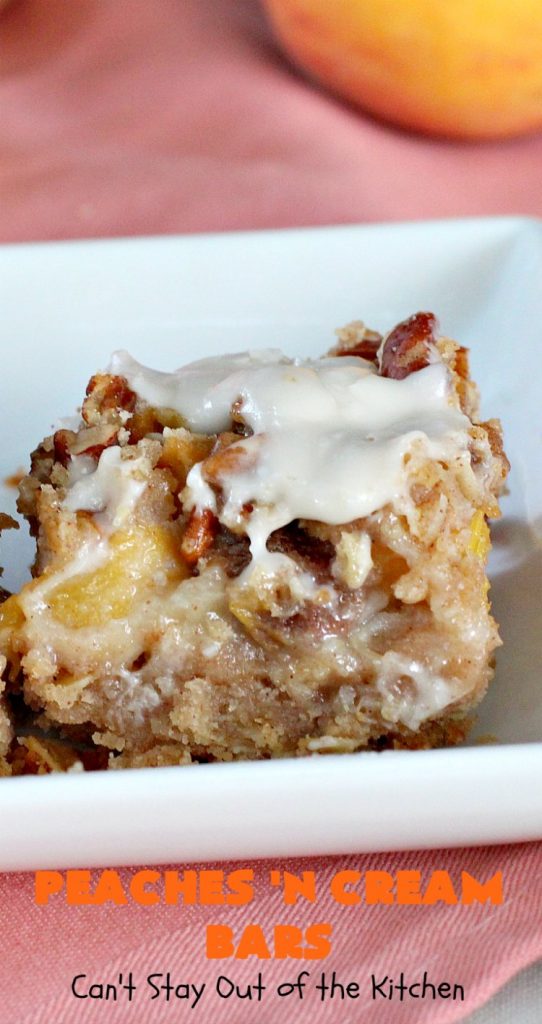 Peaches 'n Cream Bars | Can't Stay Out of the Kitchen | these fabulous #cookies have an #oatmeal #streusel crust, a #peach filling & they're glazed with vanilla icing. This is a terrific #dessert for summer #holidays like #FourthofJuly & #LaborDay when #peaches are in season. We loved them.