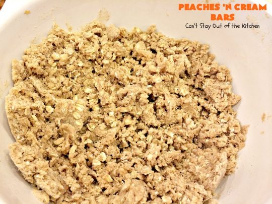 Peaches 'n Cream Bars | Can't Stay Out of the Kitchen | these fabulous #cookies have an #oatmeal #streusel crust, a #peach filling & they're glazed with vanilla icing. This is a terrific #dessert for summer #holidays like #FourthofJuly & #LaborDay when #peaches are in season. We loved them.