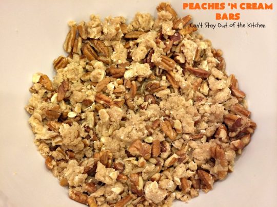 Peaches 'n Cream Bars | Can't Stay Out of the Kitchen | these fabulous #cookies have an #oatmeal #streusel crust, a #peach filling & they're glazed with vanilla icing. This is a terrific #dessert for summer #holidays like #FourthofJuly & #LaborDay when #peaches are in season. We loved them.