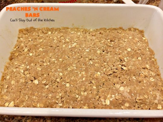 Peaches 'n Cream Bars | Can't Stay Out of the Kitchen | these fabulous #cookies have an #oatmeal #streusel crust, a #peach filling & they're glazed with vanilla icing. This is a terrific #dessert for summer #holidays like #FourthofJuly & #LaborDay when #peaches are in season. We loved them.