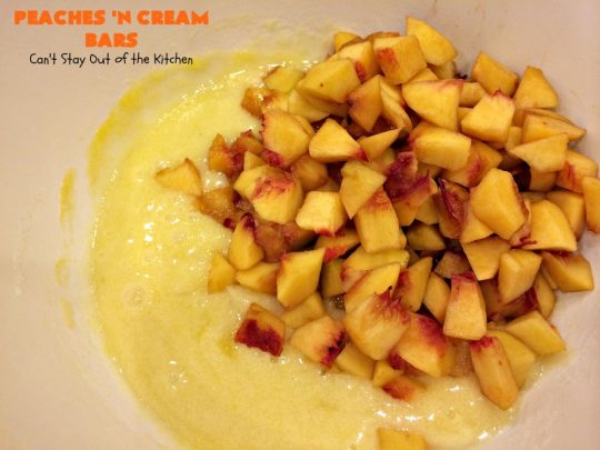 Peaches 'n Cream Bars | Can't Stay Out of the Kitchen | these fabulous #cookies have an #oatmeal #streusel crust, a #peach filling & they're glazed with vanilla icing. This is a terrific #dessert for summer #holidays like #FourthofJuly & #LaborDay when #peaches are in season. We loved them.
