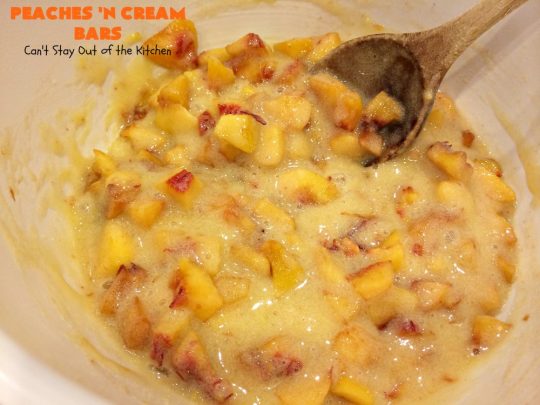 Peaches 'n Cream Bars | Can't Stay Out of the Kitchen | these fabulous #cookies have an #oatmeal #streusel crust, a #peach filling & they're glazed with vanilla icing. This is a terrific #dessert for summer #holidays like #FourthofJuly & #LaborDay when #peaches are in season. We loved them.