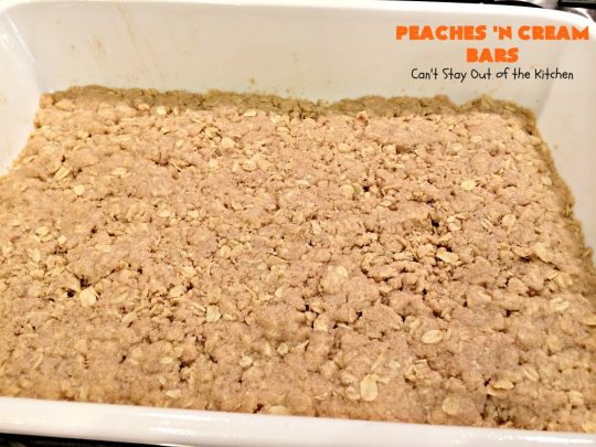 Peaches 'n Cream Bars | Can't Stay Out of the Kitchen | these fabulous #cookies have an #oatmeal #streusel crust, a #peach filling & they're glazed with vanilla icing. This is a terrific #dessert for summer #holidays like #FourthofJuly & #LaborDay when #peaches are in season. We loved them.