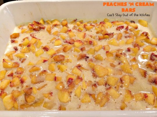 Peaches 'n Cream Bars | Can't Stay Out of the Kitchen | these fabulous #cookies have an #oatmeal #streusel crust, a #peach filling & they're glazed with vanilla icing. This is a terrific #dessert for summer #holidays like #FourthofJuly & #LaborDay when #peaches are in season. We loved them.