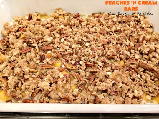 Peaches 'n Cream Bars | Can't Stay Out of the Kitchen | these fabulous #cookies have an #oatmeal #streusel crust, a #peach filling & they're glazed with vanilla icing. This is a terrific #dessert for summer #holidays like #FourthofJuly & #LaborDay when #peaches are in season. We loved them.