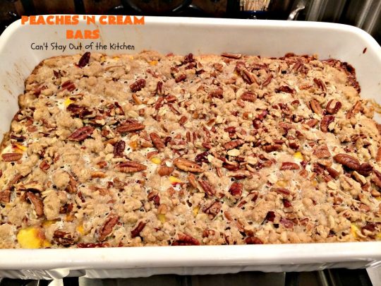 Peaches 'n Cream Bars | Can't Stay Out of the Kitchen | these fabulous #cookies have an #oatmeal #streusel crust, a #peach filling & they're glazed with vanilla icing. This is a terrific #dessert for summer #holidays like #FourthofJuly & #LaborDay when #peaches are in season. We loved them.