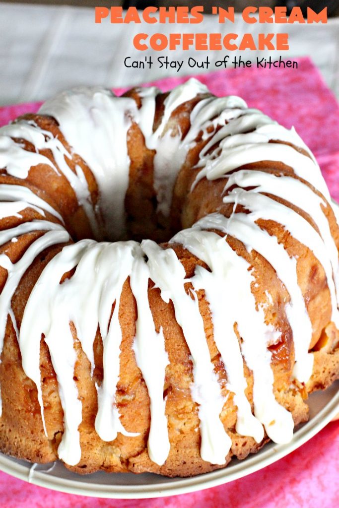 Peaches 'n Cream Coffeecake | Can't Stay Out of the Kitchen | this awesome #peach #coffeecake is one of our favorites. While it's a terrific #cake for #dessert, we like it for #breakfast! Perfect for summer #holidays like #FourthofJuly or #LaborDay.