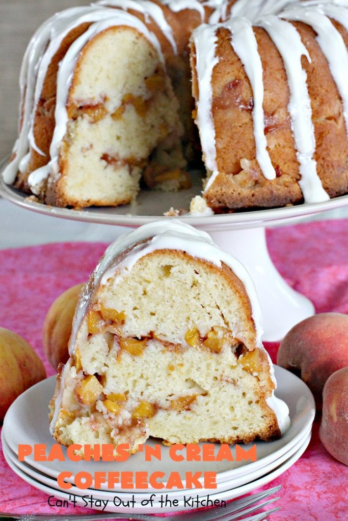 Peaches 'n Cream Coffeecake | Can't Stay Out of the Kitchen | this awesome #peach #coffeecake is one of our favorites. While it's a terrific #cake for #dessert, we like it for #breakfast! Perfect for summer #holidays like #FourthofJuly or #LaborDay.