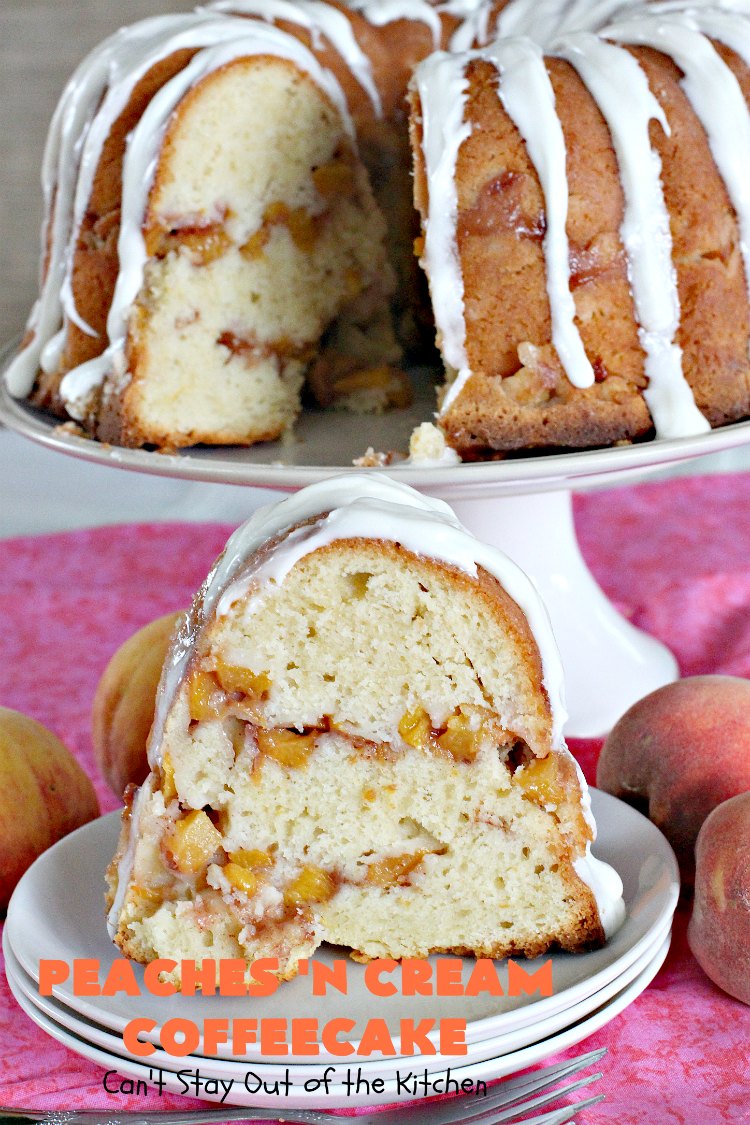 Peaches 'n Cream Coffeecake | Can't Stay Out of the Kitchen | this awesome #peach #coffeecake is one of our favorites. While it's a terrific #cake for #dessert, we like it for #breakfast! Perfect for summer #holidays like #FourthofJuly or #LaborDay.