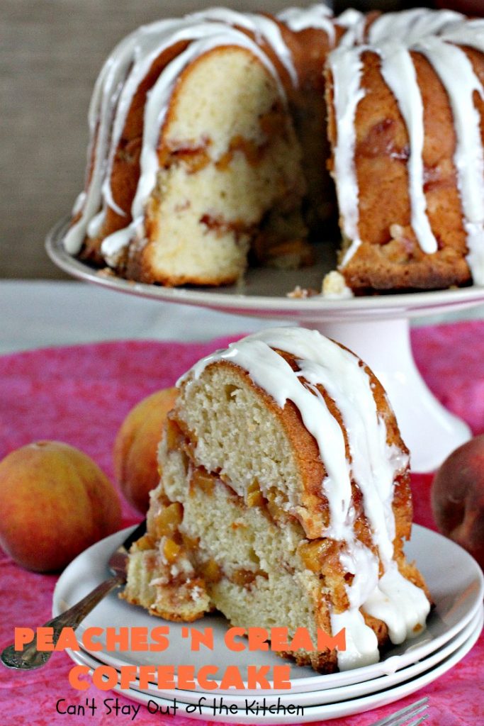Peaches 'n Cream Coffeecake | Can't Stay Out of the Kitchen | this awesome #peach #coffeecake is one of our favorites. While it's a terrific #cake for #dessert, we like it for #breakfast! Perfect for summer #holidays like #FourthofJuly or #LaborDay.
