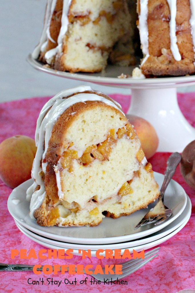 Peaches 'n Cream Coffeecake | Can't Stay Out of the Kitchen | this awesome #peach #coffeecake is one of our favorites. While it's a terrific #cake for #dessert, we like it for #breakfast! Perfect for summer #holidays like #FourthofJuly or #LaborDay.