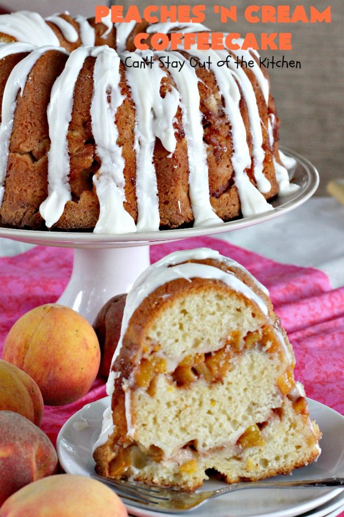 Peaches 'n Cream Coffeecake | Can't Stay Out of the Kitchen | this awesome #peach #coffeecake is one of our favorites. While it's a terrific #cake for #dessert, we like it for #breakfast! Perfect for summer #holidays like #FourthofJuly or #LaborDay.
