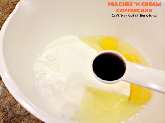 Peaches 'n Cream Coffeecake | Can't Stay Out of the Kitchen | this awesome #peach #coffeecake is one of our favorites. While it's a terrific #cake for #dessert, we like it for #breakfast! Perfect for summer #holidays like #FourthofJuly or #LaborDay.