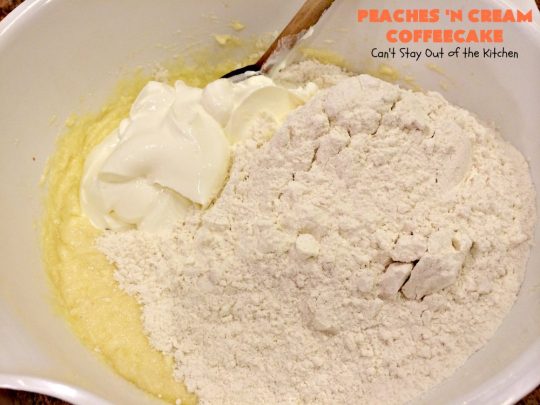 Peaches 'n Cream Coffeecake | Can't Stay Out of the Kitchen | this awesome #peach #coffeecake is one of our favorites. While it's a terrific #cake for #dessert, we like it for #breakfast! Perfect for summer #holidays like #FourthofJuly or #LaborDay.
